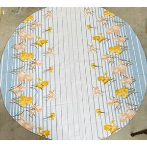 Vinyl Flannel Back Tablecloth Round IRIS FLOWER Yellow Pink Blue Stripes Vintage